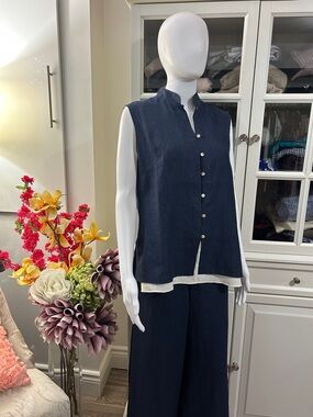 Jasmine Navy Wide-Leg Linen-Blend Pants with Sleeveless Button Vest in size XL